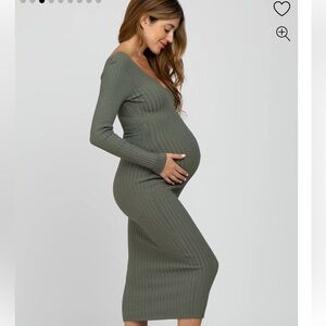 Pink Blush V-Neck Long Sleeve Fitted Maternity Maxi Dress in Olive